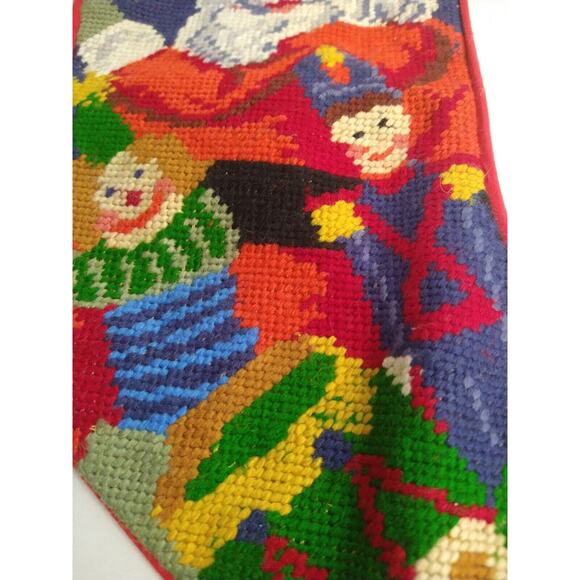 Vintage Needlepoint Santa Christmas Stocking 18" w/ Toys & Teddy Bear - Picture 7 of 8